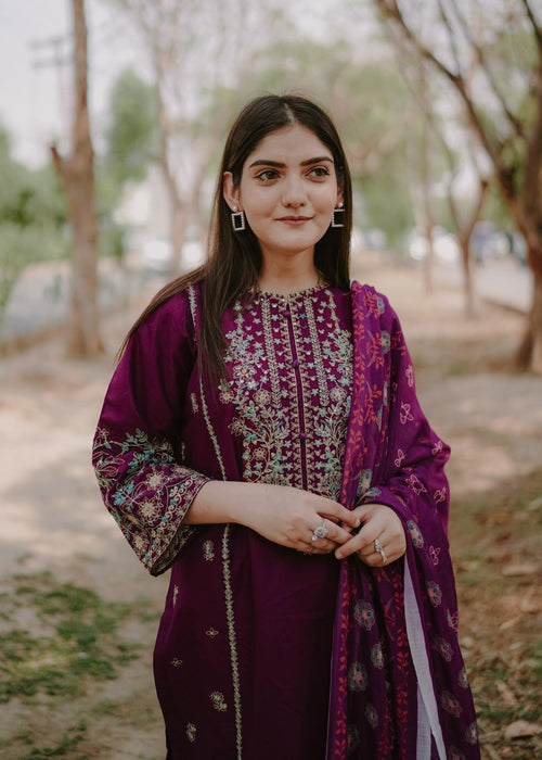 Plum Embroidered Lawn Cotton 3Pc -